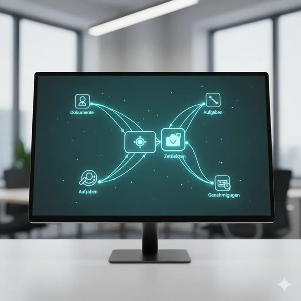 Ein moderner Monitor mit Workflow-Diagramm aus verbundenen Symbolen: Dokumente, Aufgaben, Zeitleisten. Helle Linien verbinden alles zu einem klaren automatisierten Prozess. Stil: clean-dynamisch, high-tech, ruhig-fließend. (3)