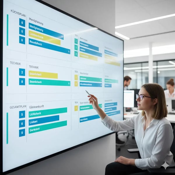 Ein großformatiger Bildschirm mit mehreren parallelen Timelines (z. B. Küche, Technik, Gesamtplan). Jede Linie hat klare Marker und Aufgabenblöcke. Ein Planer arbeitet konzentriert daran. Stil: hell, professionell, Fokus auf Struktur und Übersicht.