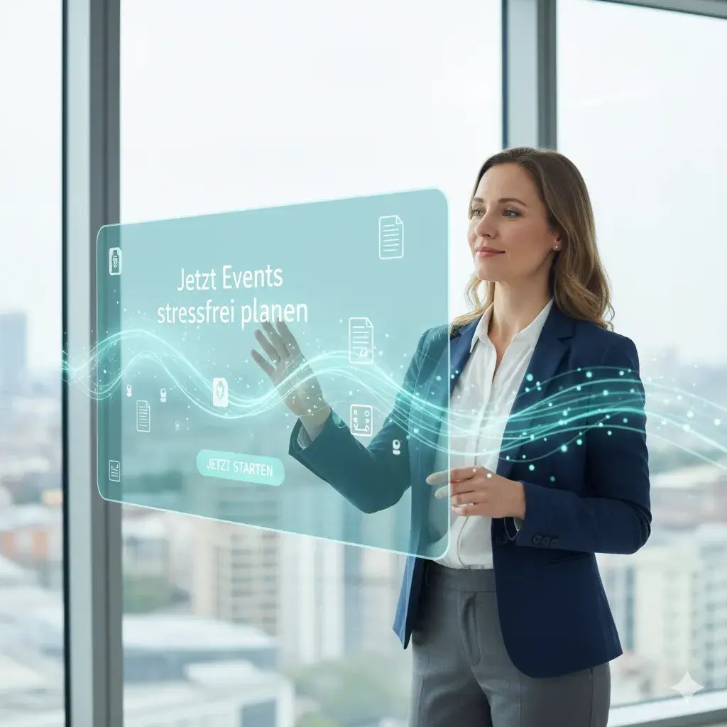 Gemini_Generated_aEine entspannte Eventplanerin blickt auf einen Bildschirm, der einen harmonischen Workflow aus Timelines, Function Sheets und Verträgen zeigt. Dokumente bewegen sich geordnet in einem Lichtfluss. Stil: hell, optimistisch, leicht futuristisch, Emotion: Ruhe & Kontrolle.Image_5arwoy5arwoy5arw (5)