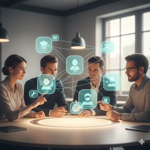Ein Team steht um einen digitalen Tisch mit holografischen Profil-Bubbles, verbunden durch Linien. Über jedem Profil ein Icon für Rolle oder Bereich. Stil: warm-modern, kollaborativ, organisch beleuchtet, Teal-UI-Akzente.