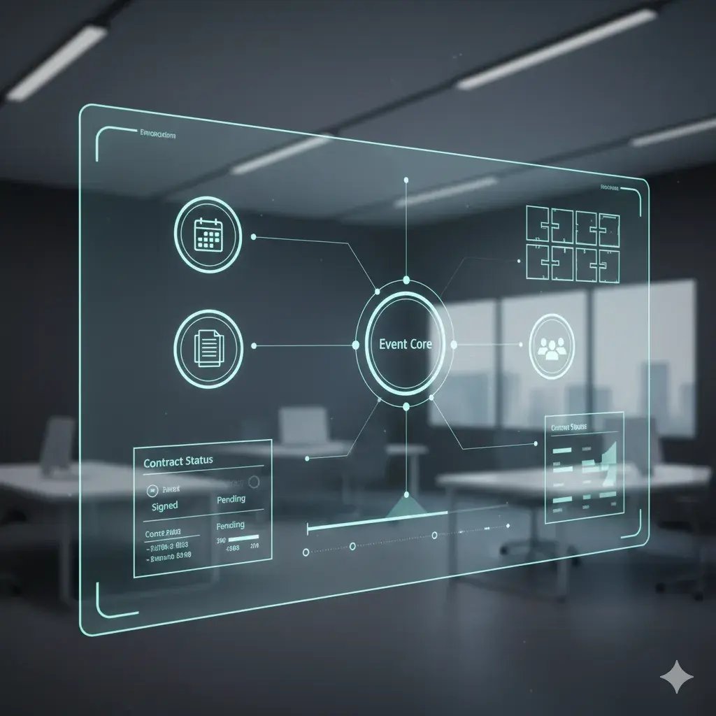 Ein modernes Event-Dashboard mit Timelines, Aufgaben, Raumplan und Vertragsstatus. In der Mitte ein zentraler Event-Knoten, von dem feine Lichtlinien zu Icons für Kalender, Dokumente und Personen führen. Stil: clean, ruhig, futuristisch-organisiert, sanfte Teal- und Blautöne.