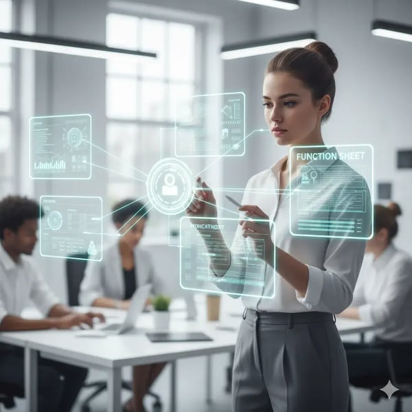 Mehrere digitale Function-Sheet-Dokumente schweben halbtransparent in der Luft, verbunden mit einem zentralen Event-Icon. Eine Person überprüft sie konzentriert. Stil: clean-technisch, minimalistisch, hell mit leuchtenden Linien.
