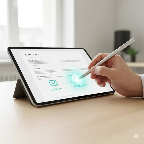 Ein Tablet mit geöffnetem digitalen Vertrag. Eine Hand unterschreibt mit Stylus, während Symbole für „freigegeben“ und „signiert“ aufleuchten. Stil: clean, dokumentarisch, helles Tageslicht, Fokus auf Vertrauen und Präzision.