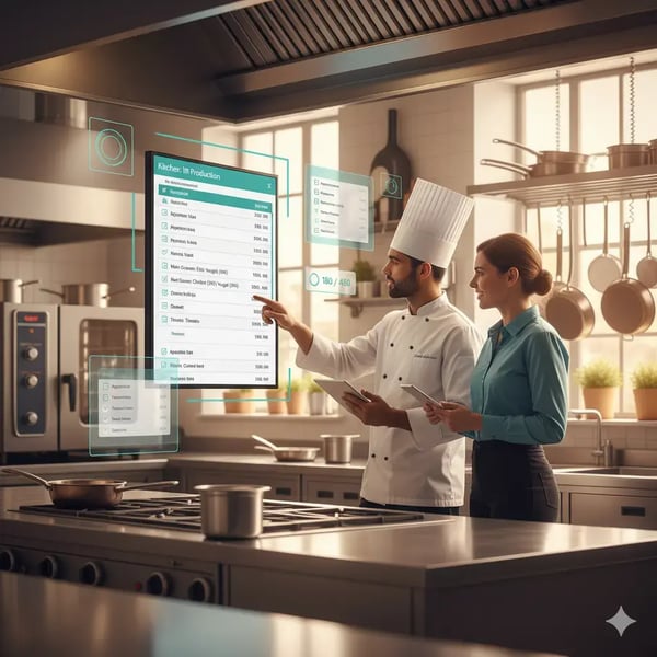 Ein Team aus Köchen und Eventplanern arbeitet in einer hellen, modernen Großküche mit Edelstahloberflächen zusammen. Sie konzentrieren sich auf einen digitalen Bildschirm, der Menüpunkte und Produktionspläne anzeigt. Schwebende, halbtransparente UI-Elemente mit türkisfarbenen Akzenten zeigen einen