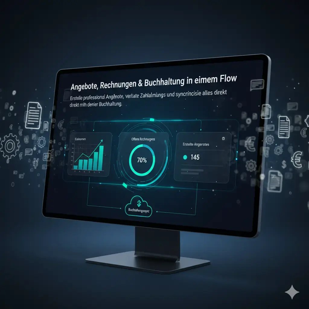 Ein schlankes, modernes Tablet-Dashboard zeigt Finanzmetriken wie