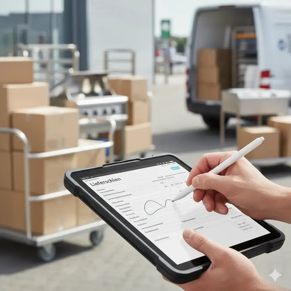 Auf einem Tablet, das einen geöffneten Lieferschein anzeigt, wird gerade eine digitale Unterschrift mit einem Finger oder Stylus gezeichnet. Im unscharfen Hintergrund sind Kisten, Catering-Equipment oder ein Lieferfahrzeug erkennbar. Das Bild vermittelt eine praxisnahe, vertrauenswürdige und dokumentarische Stimmung bei hellem Tageslicht. (1)