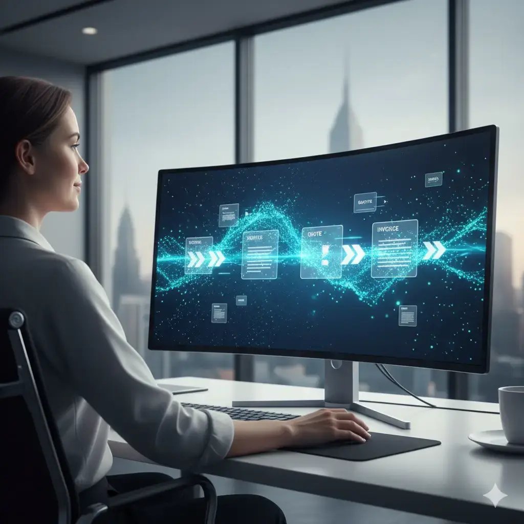 Eine Person sitzt entspannt vor einem Monitor, der einen fließenden Datenstrom aus Angeboten, Rechnungen und Zahlungen im 