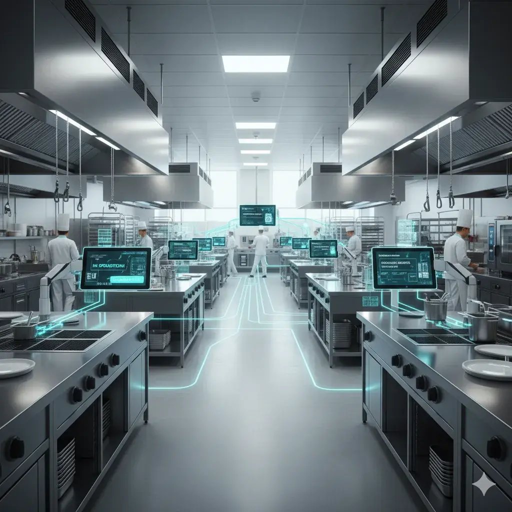 Ein weitläufiger Küchen- und Produktionsbereich in modernem, hellen Licht. Edelstahl-Arbeitsflächen, Bildschirme und Tablets mit digitalen Overlays: „In Produktion“, „Packliste“, „Lieferung geplant“. Leuchtende Linien verbinden Küche, Lager und Logistik zu einem fließenden, datengesteuerten Workflow. Stimmung: ruhig, kontrolliert, zukunftsorientiert. Stil: clean, modern, leicht futuristisch mit Akzenten in Türkis und Weiß.