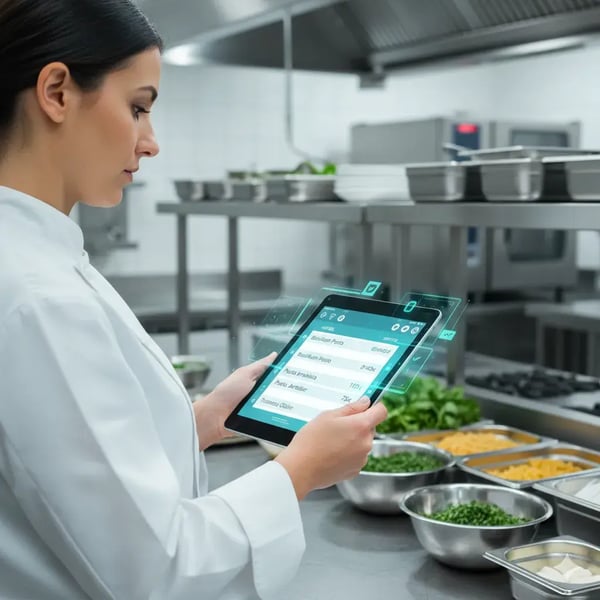 Ein Küchenleiter hält ein Tablet mit einer digitalen Produktionsliste. Auf dem Bildschirm: klar strukturierte Tabellen mit Artikeln, Mengen und Datumsfiltern. Im Hintergrund vorbereitete Tabletts und Zutaten. Kleine UI-Overlays in Türkis zeigen Filter und Häkchen. Stimmung: organisiert, methodisch, hell. Stil: dokumentarisch-digital mit leichtem Tech-Glow. (2)
