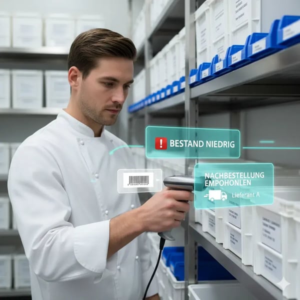 Ein Mitarbeiter scannt Vorräte mit einem Handscanner oder Tablet. Digitale Overlays zeigen „Bestand niedrig“, „Nachbestellung empfohlen“ und Lieferanten-Icons. Im Hintergrund Regale mit beschrifteten Kisten. Stimmung: strukturiert, ruhig, produktiv. Stil: hell, realistisch, mit subtilen Türkisakzenten.