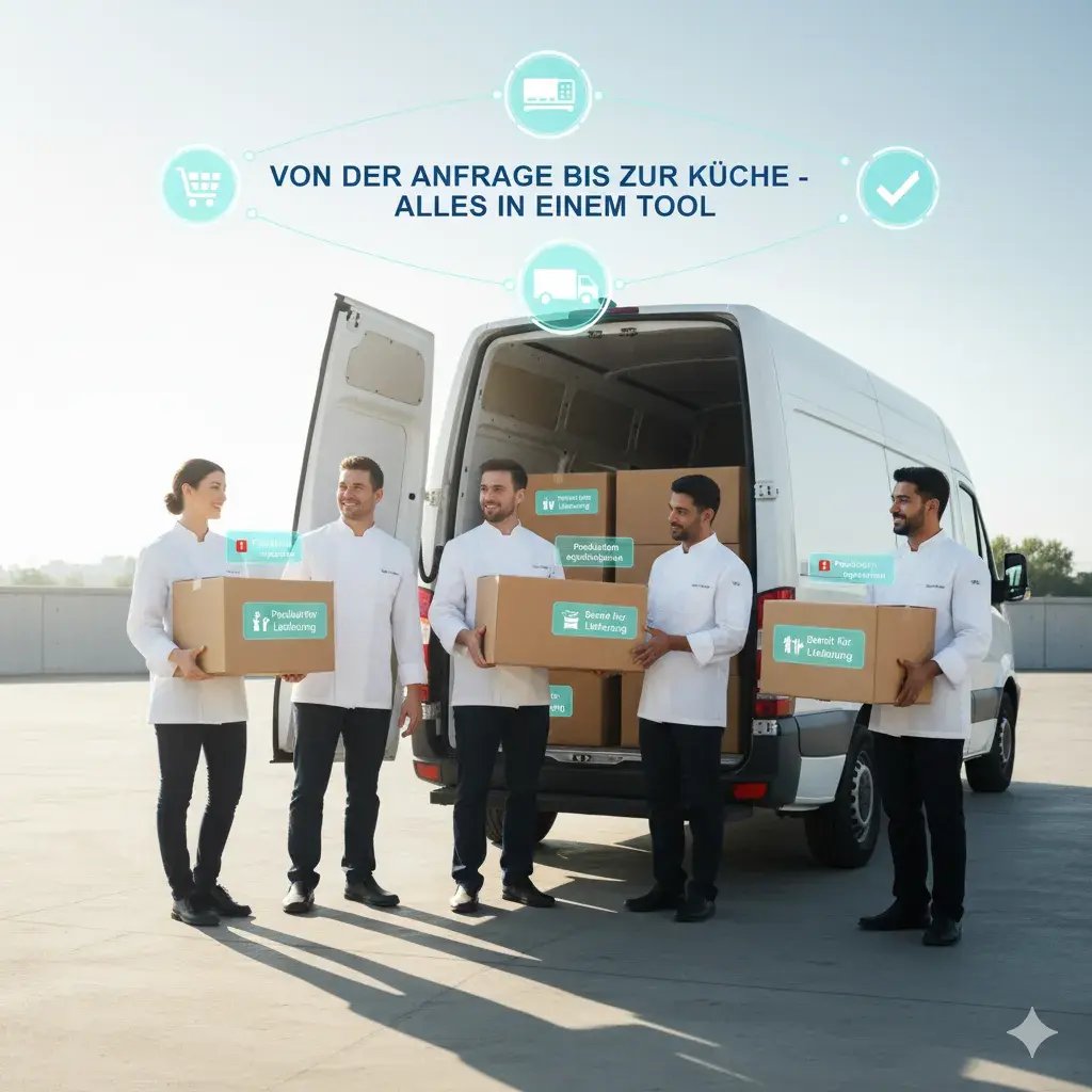 Ein Catering-Team steht vor einem Lieferwagen, lädt geordnete Boxen mit türkisfarbenen Etiketten ein. Darüber schweben digitale Symbole: „Produktion abgeschlossen“, „Bereit für Lieferung“. Licht: hell, morgendlich, optimistisch. Stimmung: Aufbruch, Zufriedenheit, Überblick. Stil: realistisch mit leicht futuristischem Glow – Symbol für den Moment, in dem alles läuft. (4)