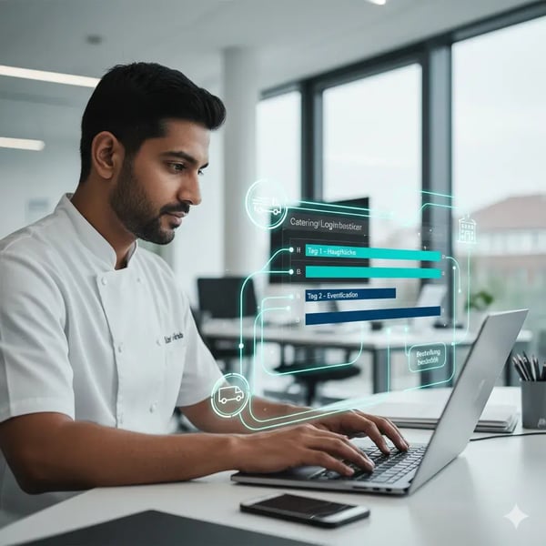 in digitaler Kalender mit farbcodierten Balken: „Tag 1 – Hauptküche“, „Tag 2 – Eventlocation“. Linien verbinden Termine mit Icons für Lieferwagen und Küchenstandorte. Eine Person am Laptop plant die Woche. Stimmung: ruhig, analytisch, professionell. Stil: clean, modern, mit visuellen Workflow-Elementen in Türkis und Weiß.