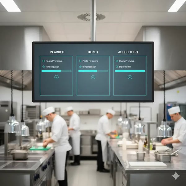 Ein großer Monitor hängt an der Wand einer professionellen Küche. Darauf sichtbare Spalten: „In Arbeit“, „Bereit“, „Ausgeliefert“. Türkise Fortschrittsbalken und Icons bewegen sich dezent. Mitarbeitende arbeiten ruhig im Hintergrund. Stimmung: fokussiert, geordnet, effizient. Stil: industriell-modern, realistisch, leicht futuristisch. (7)