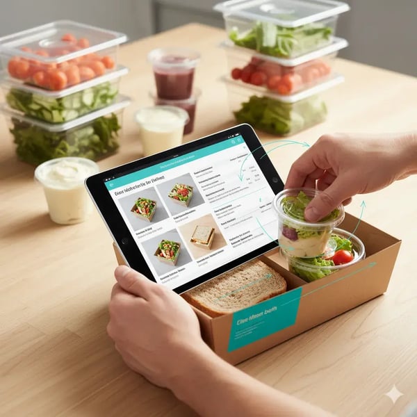 Ein Tablet zeigt eine visuelle Aufbauanleitung mit Fotos, Mengen und Sortenangaben. Im Hintergrund: Hände packen Boxen oder richten Platten an. Über dem Tablet schweben türkise Linien oder Skizzen. Stimmung: praktisch, ruhig, exakt. Stil: realistisch-digital, leicht instruktiv, klare Tageslichtstimmung.