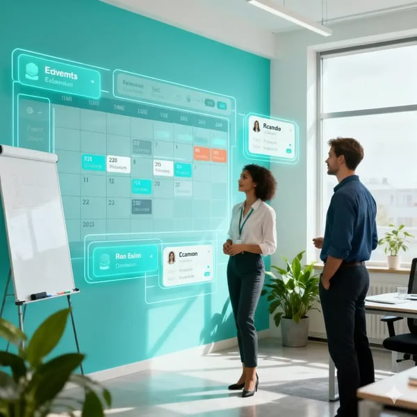 Zwei Eventmanager, eine Frau und ein Mann, stehen in einem hellen, modernen Büro vor einer großen, türkisfarbenen Wand. Auf dieser ist ein interaktiver, digitaler Kalender projiziert, der Termine und Aufgaben anzeigt. Zusätzliche schwebende UI-Karten visualisieren Details zu Events und Teammitgliedern. Die Atmosphäre ist professionell und organisiert und zeigt den Einsatz moderner Planungssoftware.