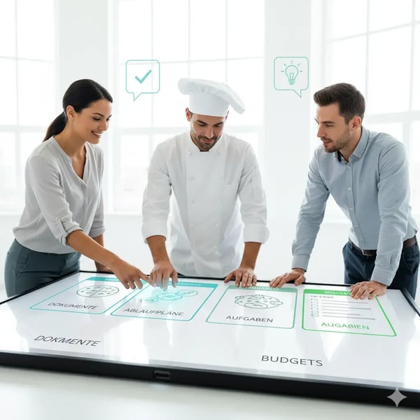 Ein großes digitales Dashboard mit verschiedenen Bereichen: „Dokumente“, „Ablaufpläne“, „Aufgaben“, „Budgets“. Mehrere Personen (Kunde, Koch, Eventmanager) blicken gemeinsam darauf, jeder mit individuell hervorgehobenen Bereichen. Stimmung: Teamwork, Struktur, Klarheit. Stil: realistisch, hell, freundlich. (1)