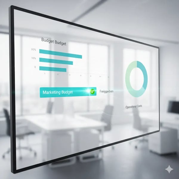 Ein minimalistisches Dashboard mit grafischen Balken und Kreisen, die Budgetstatus anzeigen. Über einem Balken erscheint ein Icon „✔ Freigegeben“. Subtile Bewegung oder Lichtverläufe deuten Dynamik an. Stil: clean, businessorientiert, hell mit Türkis-Akzenten.