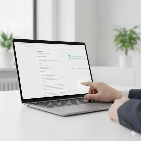 Ein Laptopbildschirm mit einer geöffneten Dokumentenansicht und Freigabefeldern – kleine UI-Elemente zeigen „Freigegeben für Kunde“ und „Update automatisch synchronisiert“. Im Vordergrund eine Hand, die per Klick teilt. Lichtstimmung: hell, clean, moderne Büroästhetik.