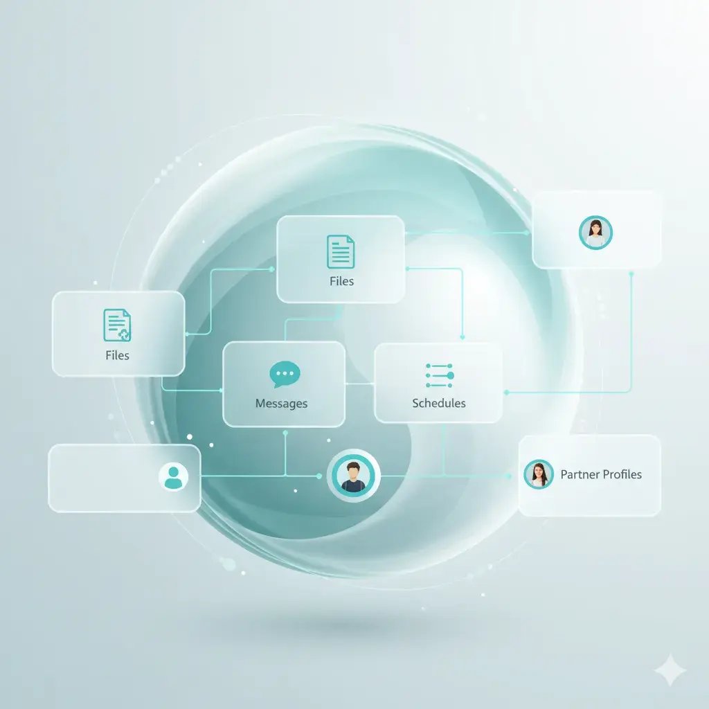 Ein modernes, helles Dashboard, das Menschen, Aufgaben und Dokumente visuell verbindet. Linien oder leuchtende Verbindungen verknüpfen Kacheln mit Symbolen für Dateien, Chatblasen, Ablaufpläne und Partnerprofile. Im Hintergrund ein abstrakter, fließender Kreis oder Hub, der Zusammenarbeit symbolisiert. Farbwelt in sanftem Türkis, Weiß und hellem Grau. Stil: clean, ruhig, vernetzt – Sinnbild für transparente Zusammenarbeit.