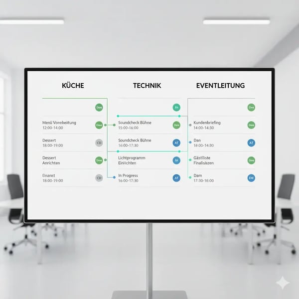 Ein stilisiertes digitales Ablaufdiagramm mit Spalten für „Küche“, „Technik“, „Eventleitung“. Jede Spalte zeigt Aufgaben, Zeiten und Statusfarben. Kleine Avatare oder Initialen stehen neben einzelnen Punkten. Stimmung: organisiert, produktiv, modern. (7)