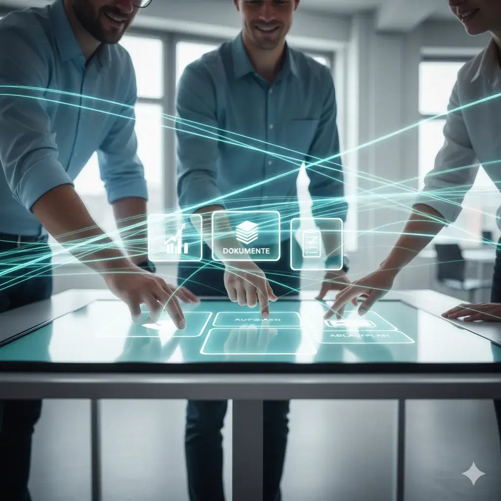Mehrere Hände greifen gleichzeitig auf ein zentrales digitales Board zu, auf dem Dokumente, Aufgaben und Ablaufpläne miteinander verbunden sind. Leichte Bewegung im Hintergrund symbolisiert Fluss und Synchronität. Farbwelt: helles Türkis-Weiß, optimistisch, klar. Emotion: Verbundenheit, Leichtigkeit, Kontrolle.