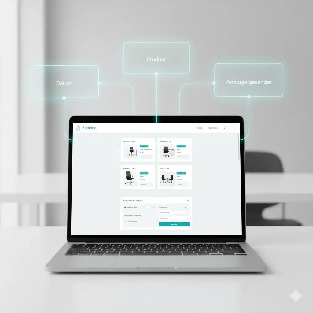 Ein Laptop auf einem hellen Schreibtisch zeigt eine saubere Buchungsseite mit Produktkarten. Darüber schweben drei verbundene, halbtransparente UI-Karten mit den Begriffen 