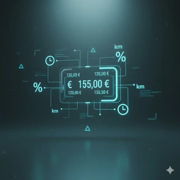 Eine abstrakte, futuristische Grafik auf dunklem Grund. Sie zeigt leuchtende türkise Linien und Symbole für Prozent, Zeit und Kilometer, die zu einer digitalen Preisanzeige in der Mitte führen.