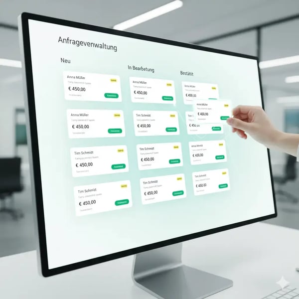 Ein Monitor zeigt ein Kanban-Dashboard mit den Spalten 