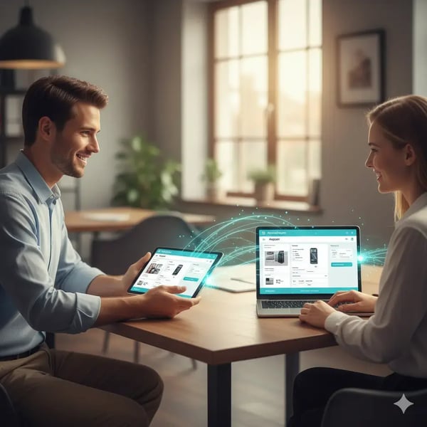 Ein Mann und eine Frau sitzen sich an einem Tisch gegenüber, lächeln und nutzen ein Tablet bzw. einen Laptop. Leuchtende Datenströme fließen zwischen ihren Geräten und symbolisieren Echtzeit-Synchronisation auf derselben Plattform. (4)