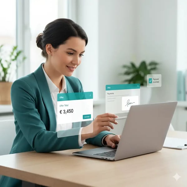 Eine professionelle Eventplanerin sitzt in einem hellen, modernen Büro und prüft lächelnd ein Catering-Angebot auf ihrem Laptop. Rund um den Laptop schweben grafische Oberflächen-Elemente, die eine Angebotssumme in Euro (€), ein Feld für eine digitale Signatur und eine