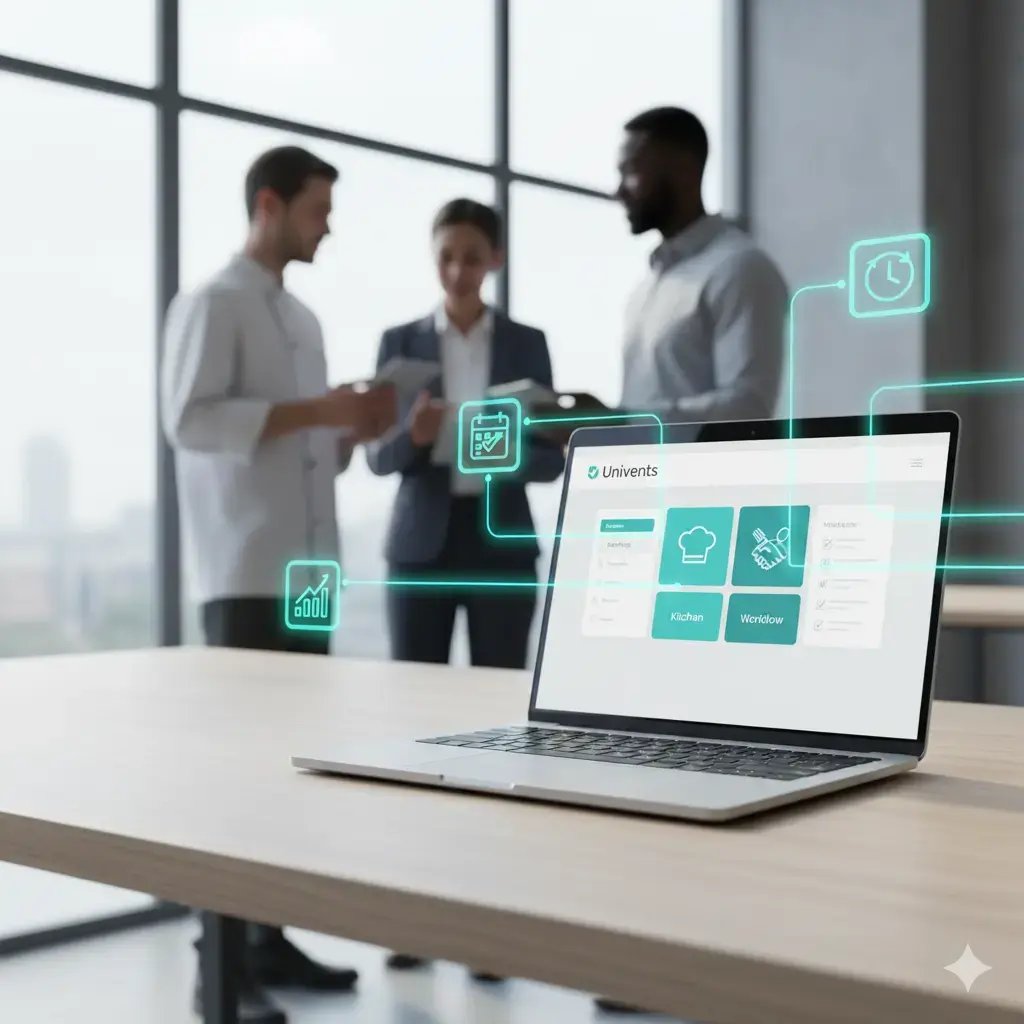 Ein moderner Laptop steht im Vordergrund auf einem Schreibtisch und zeigt das Dashboard der 