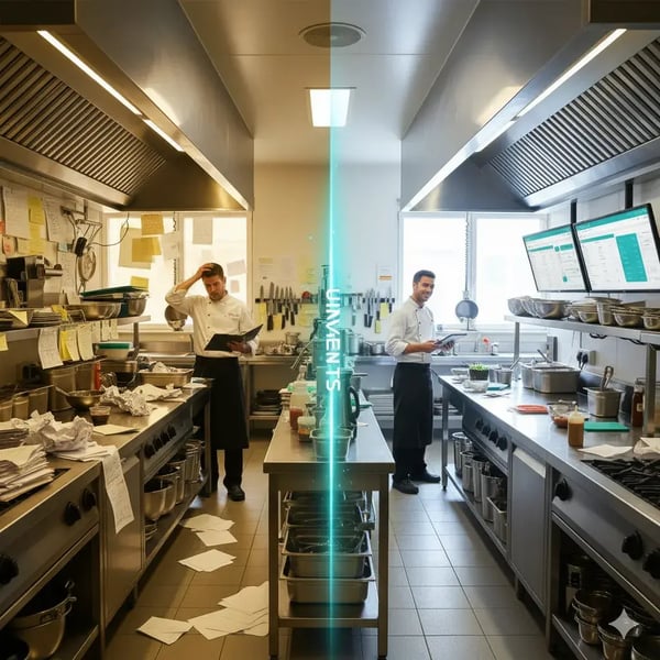 aSplit-Szene: links eine unübersichtliche Küche mit Papierlisten und Notizen, rechts dieselbe Szene digital organisiert – klare Stationen, Tablets mit Produktionsübersicht, zufriedenes Team. In der Mitte eine subtile leuchtende Trennlinie in Türkis als Symbol für den Wechsel zu Univents. Stimmung: transformativ, ruhig, aufgeräumt. Stil: realistisch mit leichtem illustrativen Übergang, helles Tageslicht, CI-Türkis als verbindendes Element.