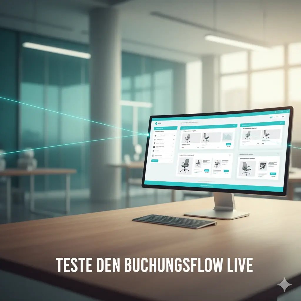 Ein lächelnder Mann sitzt in einem hellen, modernen Büro vor einem Monitor. Der Monitor zeigt eine Benutzeroberfläche für Buchungen, und leuchtende Linien verbinden den Mann symbolisch mit dem digitalen Prozess.