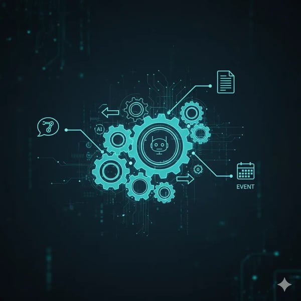Eine abstrakte, dunkle Grafik mit leuchtenden türkisen Zahnrädern, Schaltkreisen und Symbolen für Anfrage (Chatblase), Angebot (Dokument), KI (Gehirn) und Event (Kalender), die einen automatisierten Workflow darstellen.