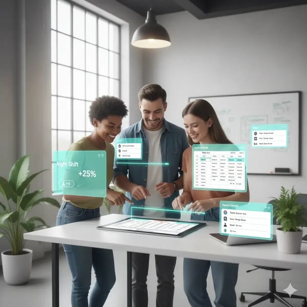 Drei lächelnde Eventmanager – zwei Frauen und ein Mann – stehen in einem modernen, hellen Büro und begutachten gemeinsam einen Dienstplan auf einem großen Tablet. Um das Tablet herum schweben grafische UI-Elemente in Türkis, die Schichtzeiten, Teamrollen und Arbeitsstunden anzeigen. Eine der Einblendungen hebt prominent eine automatische Regel für