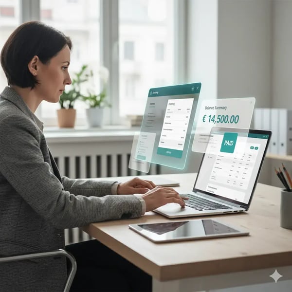 Eine fokussierte Event-Buchhalterin oder Operations Managerin sitzt an einem Schreibtisch in einem hellen Büro und überprüft Rechnungen auf ihrem Laptop. Um den Laptop herum schweben halbtransparente digitale Elemente, die Rechnungsübersichten, einen