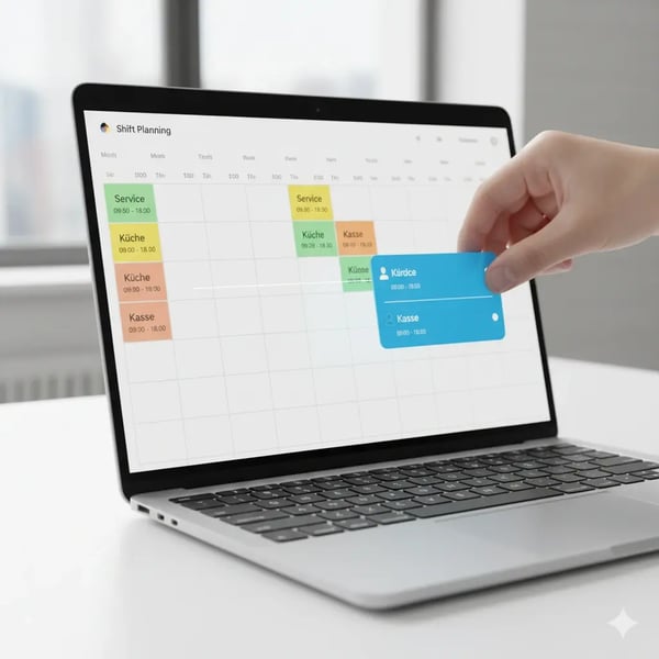 Eine Hand verschiebt per Drag-and-Drop einen Schichtblock auf einem digitalen Schichtplan auf einem Laptop-Bildschirm. (1)