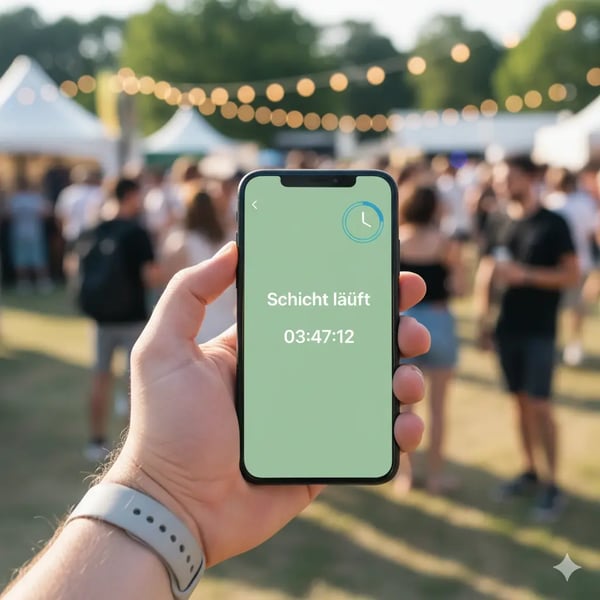 Eine Hand hält ein Smartphone mit einem aktiven Timer, der „Schicht läuft“ anzeigt, im Hintergrund ist ein Event zu sehen. (4)