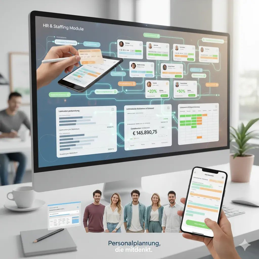 Ein Bildschirm zeigt ein modernes HR- und Staffing-Dashboard. Eine Hand bedient den Touchscreen. Im Vordergrund sind vier junge, lächelnde Mitarbeitende zu sehen. Eine weitere Hand hält ein Smartphone mit einer Mitarbeiter-App. (5)