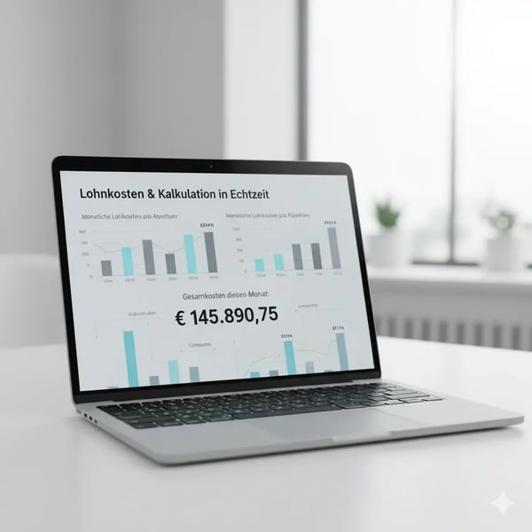 Ein Laptop-Bildschirm zeigt ein übersichtliches Kosten-Dashboard mit Balkendiagrammen und Lohnsummen.