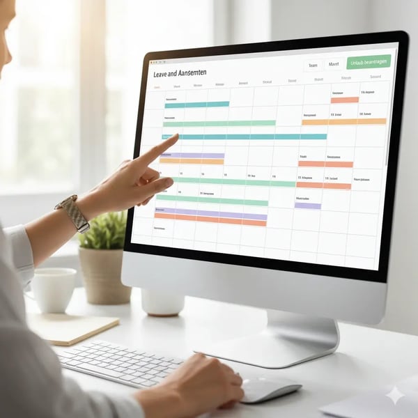 Eine Hand klickt auf „Urlaub beantragen“ in einem digitalen Urlaubskalender auf einem Monitor. (7)