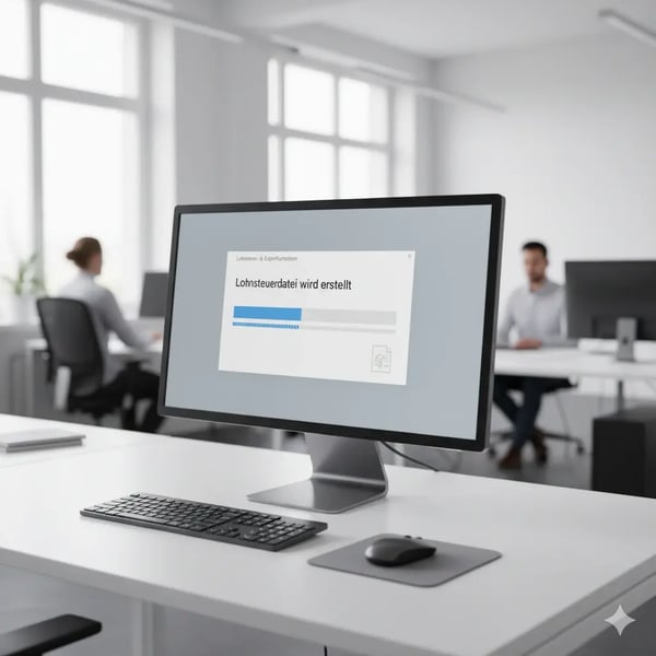 Ein digitaler Export-Dialog auf einem Monitor zeigt einen Fortschrittsbalken „Lohnsteuerdatei wird erstellt“ in einem Büro.
