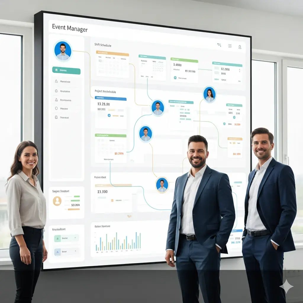 Ein Team von Eventmanagern blickt zufrieden auf einen großen Bildschirm mit harmonisch verbundenen Schicht-, Zeit- und Lohn-Elementen. Linien oder Lichtströme verbinden Menschen und Datenpunkte zu einem fließenden Workflow. Stimmung: hell, optimistisch, ruhig. Emotion: Vertrauen, Kontrolle, Erleichterung.