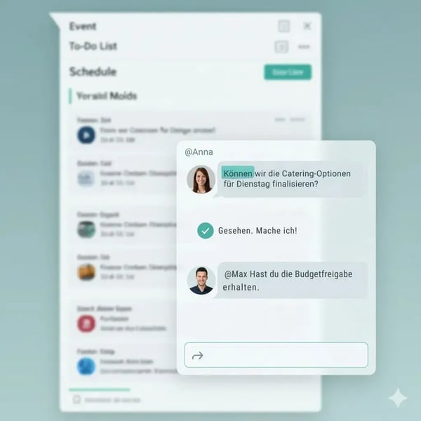 Ein Chat- oder Kommentarbereich innerhalb eines Dokuments – Textblasen mit @mention-Markierungen, kleine Profilbilder und Häkchen für „gesehen“. Im Hintergrund angedeutet: Event-Details oder To-do-Liste. Stimmung: lebendig, aber ruhig.