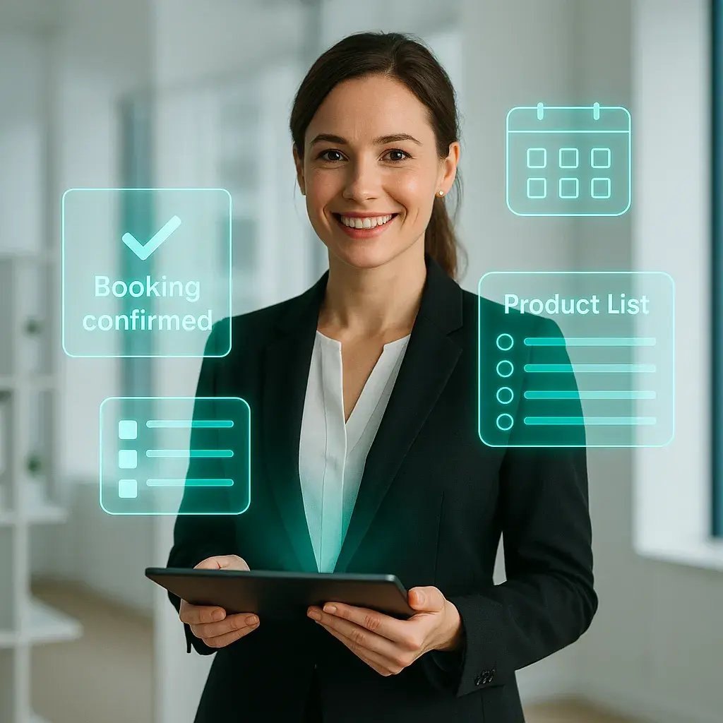 Eine lächelnde Eventmanagerin hält ein Tablet in der Hand. Um sie herum erscheinen digitale Symbole mit Texten wie „Booking confirmed“, „Product List“ und einem Kalender – Darstellung der effizienten, digitalen Auftragsverwaltung mit Univents Software.