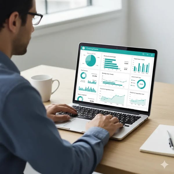 Catering-Manager nutzt eine Analyse-Software am PC; das Dashboard zeigt Berichte und Verkaufs-Charts in einer modernen Büro-Umgebung.