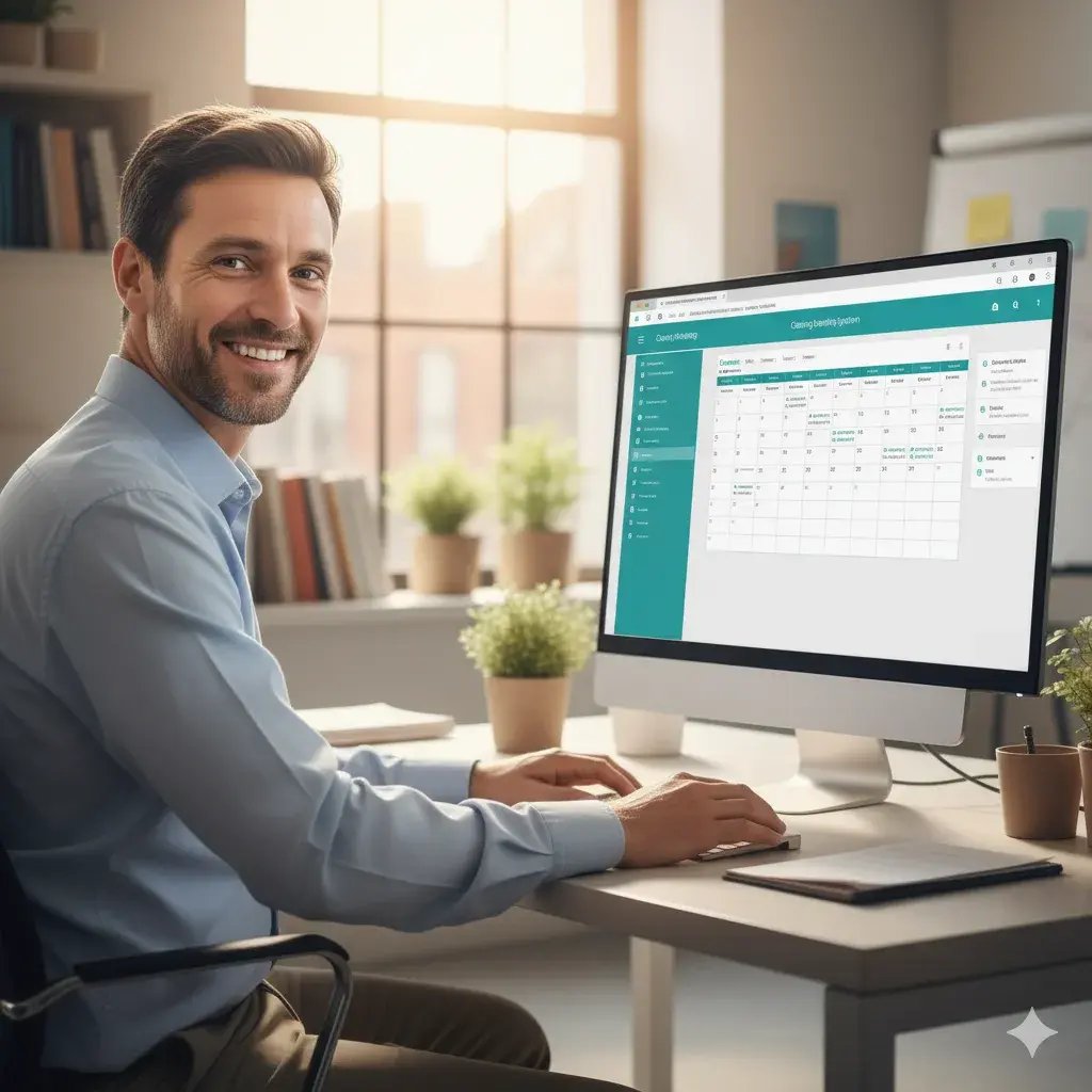 Ein zufriedener Catering-Manager blickt lächelnd in die Kamera, während er am Schreibtisch sitzt und ein digitales Buchungssystem am Computer bedient.