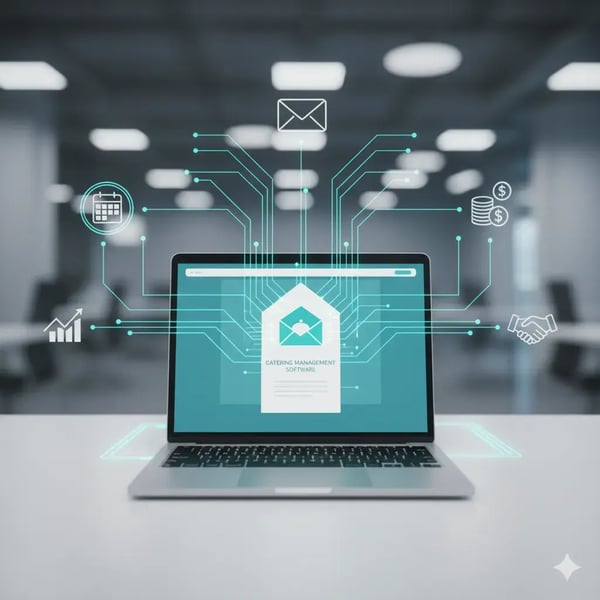 Symbolbild für digitale Integration: Ein Laptop zeigt eine Catering-Software, die als zentrales Buchungstool für Automatisierungen dient.
