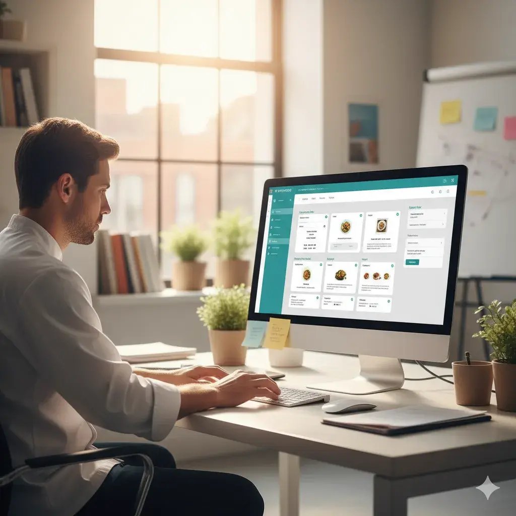 Professioneller Caterer in einem hellen Büro, der ein Dashboard für Catering-Software auf einem Monitor prüft, um Buchungen und Menüs zu verwalten.