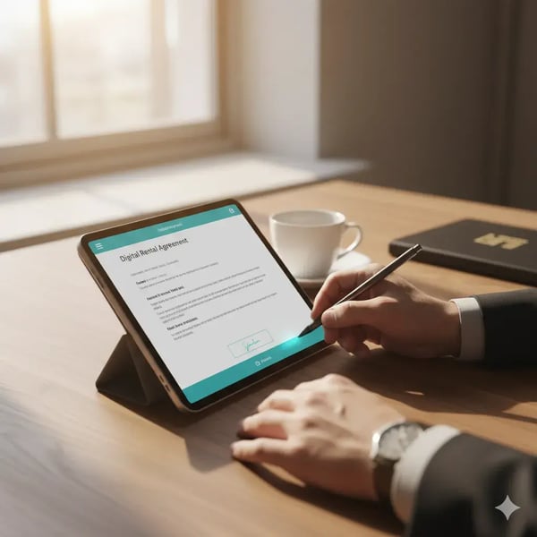 Nahaufnahme von Händen, die einen digitalen Mietvertrag auf einem Tablet unterzeichnen, mit Kaffee und Logo-Ordner auf einem Holzschreibtisch.